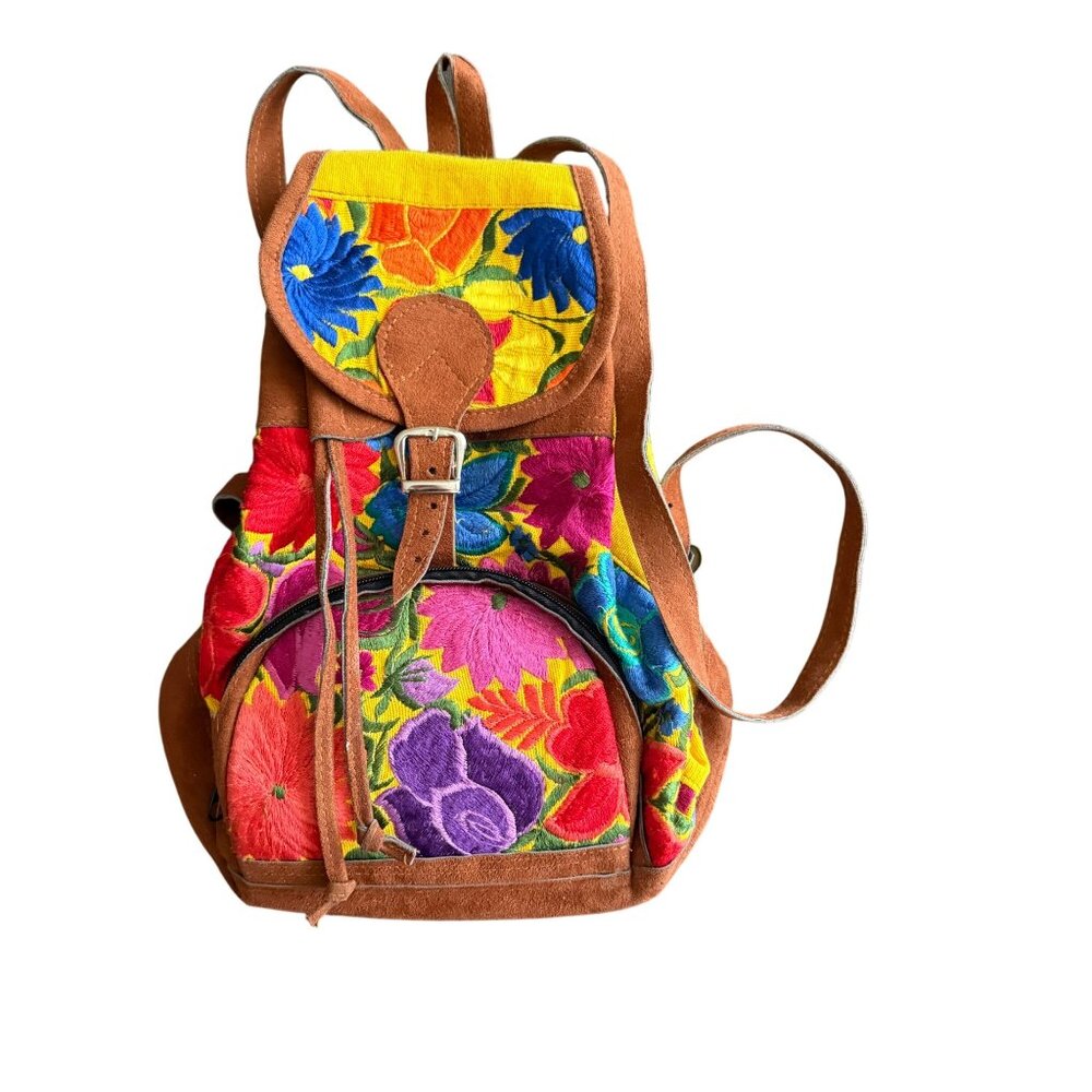 Handmade Embroidered Backpack With Adjustable Straps & Buckle Closure In Multico
